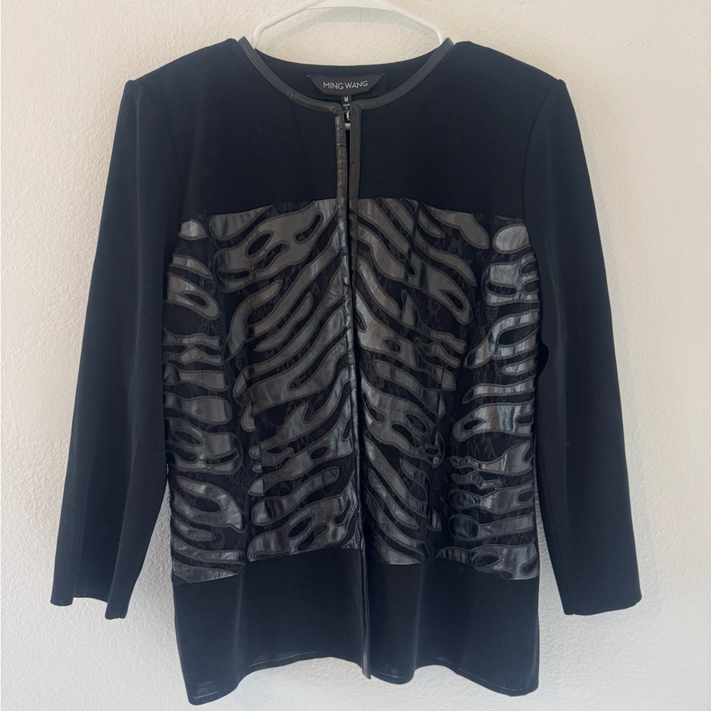 Ming Wang Lace Appliqué Panel Jacket Animal Print Career Tailored Fit NWT MED